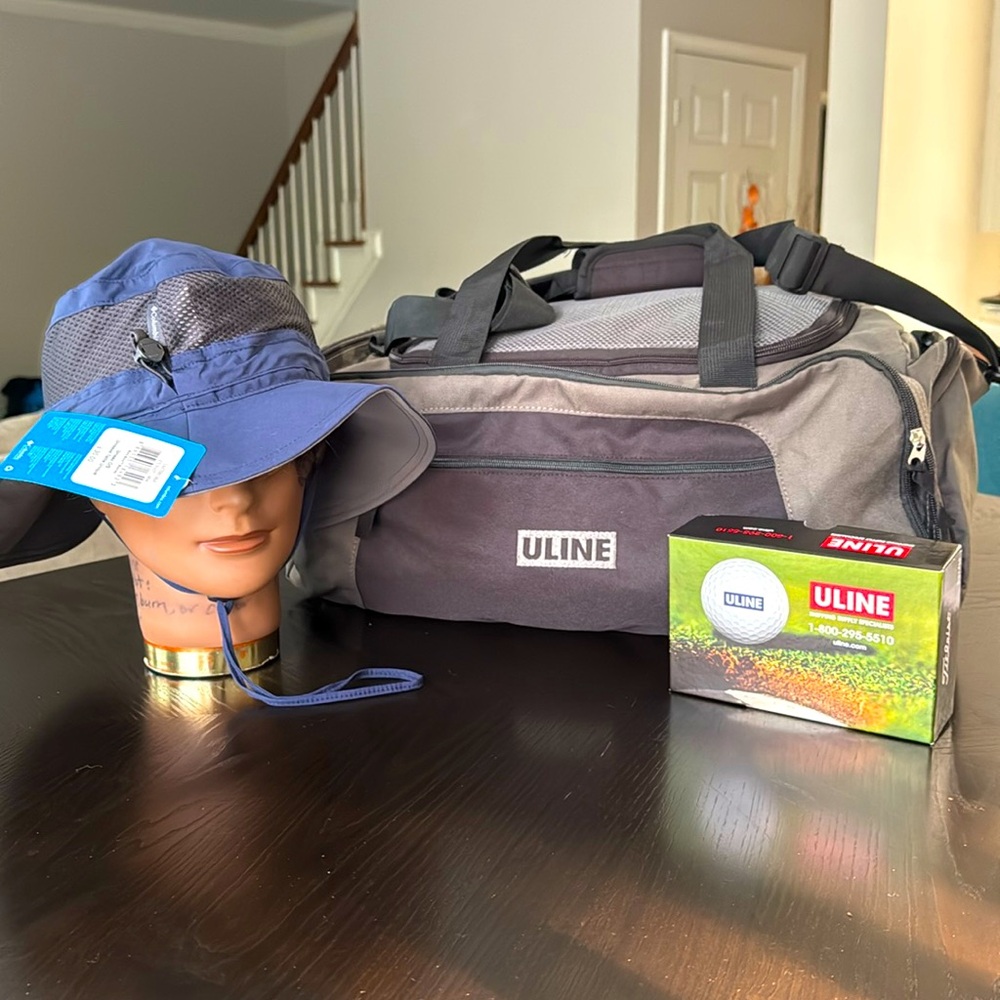 Columbia unisex Hat, Uline Six Titleist Golf Balls & A Black and Gray Duffel Bag